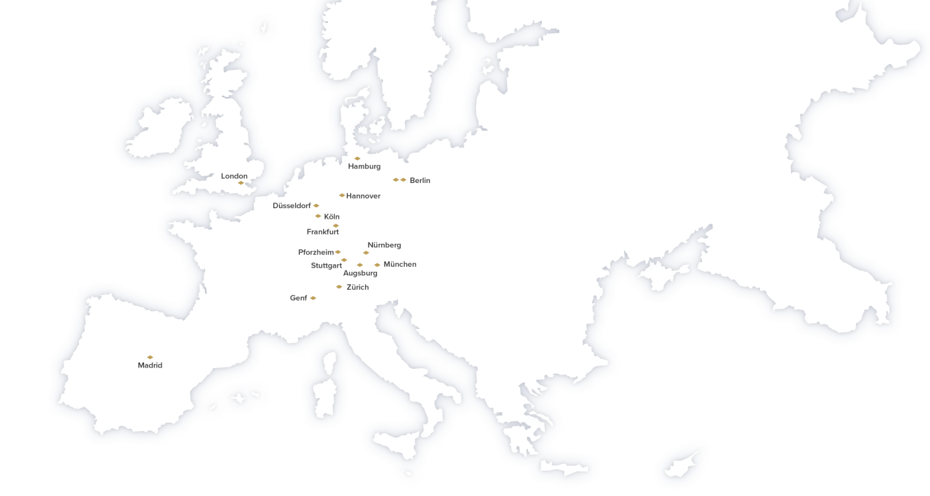 Degussa Standorte: London, Madrid, Zürich, Genf, Düsseldorf,Köln, Frankfurt, Berlin Hannover, Nürnberg, Augsburg, Pforzheim, Köln, Düsseldorf, Stuttgart